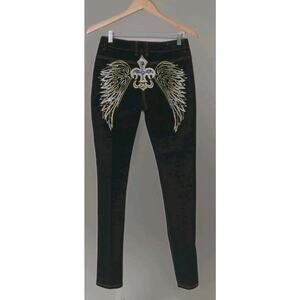Impression Jeans Angel Wing Rhinestone Embroidered DarkWash Denim Fluer De Lis 6